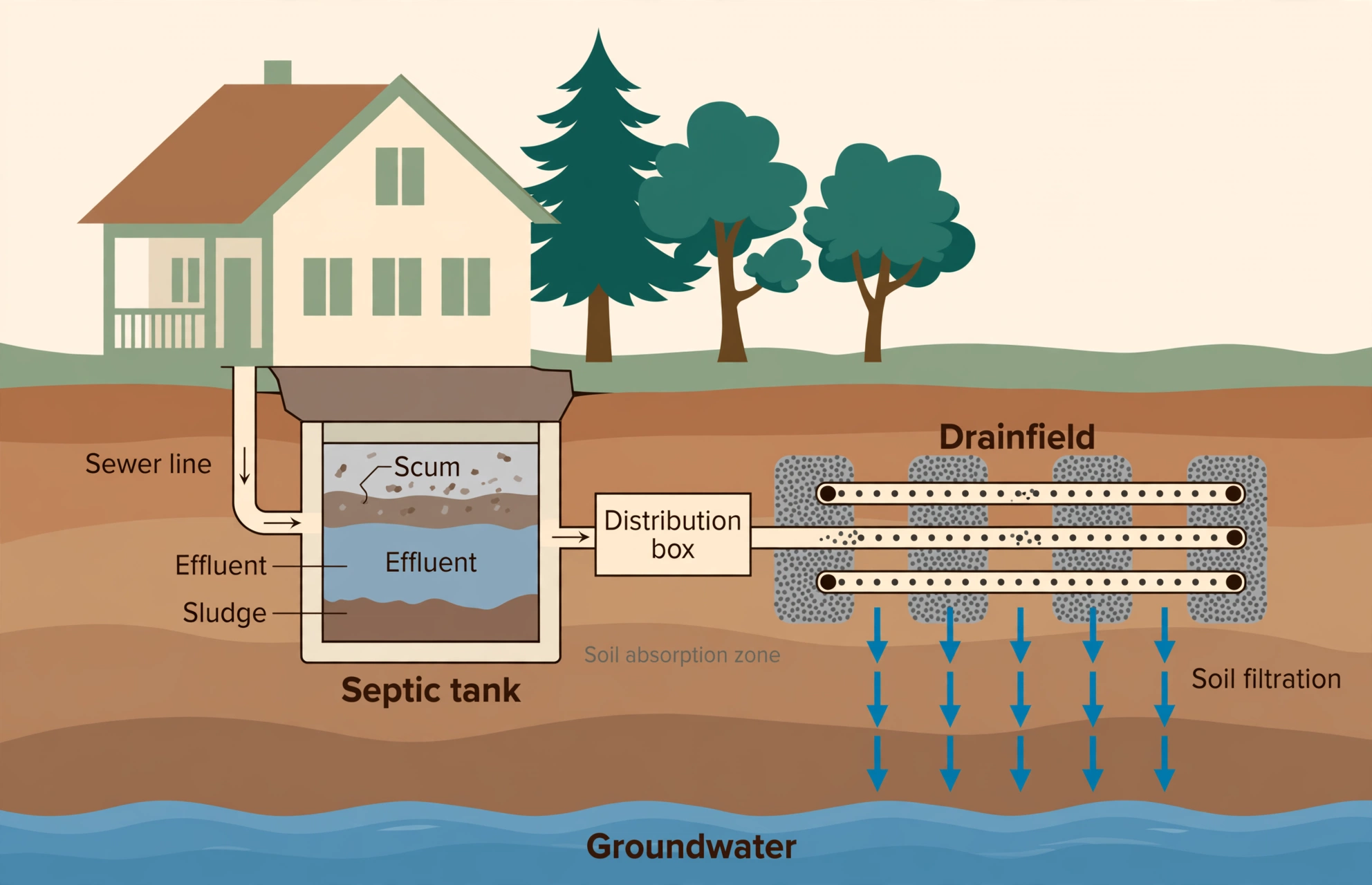 Cutaway diagram of a conventional septic system: wastewater flows from the house through the sewer pipe into the septic tank, where solids settle as sludge and grease floats as scum; liquid effluent then flows to the distribution box and out through the drainfield trenches