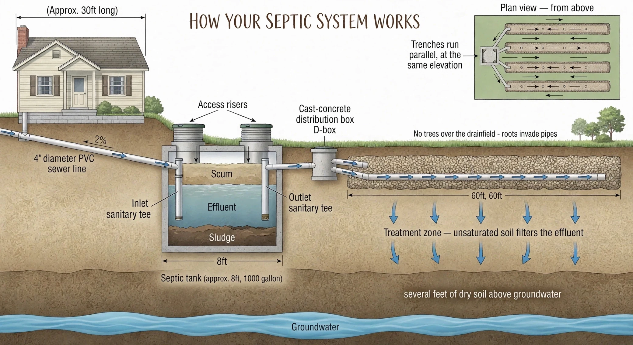 Cutaway diagram of a conventional septic system: wastewater flows from the house through the sewer pipe into the septic tank, where solids settle as sludge and grease floats as scum; liquid effluent then flows to the distribution box and out through the drainfield trenches